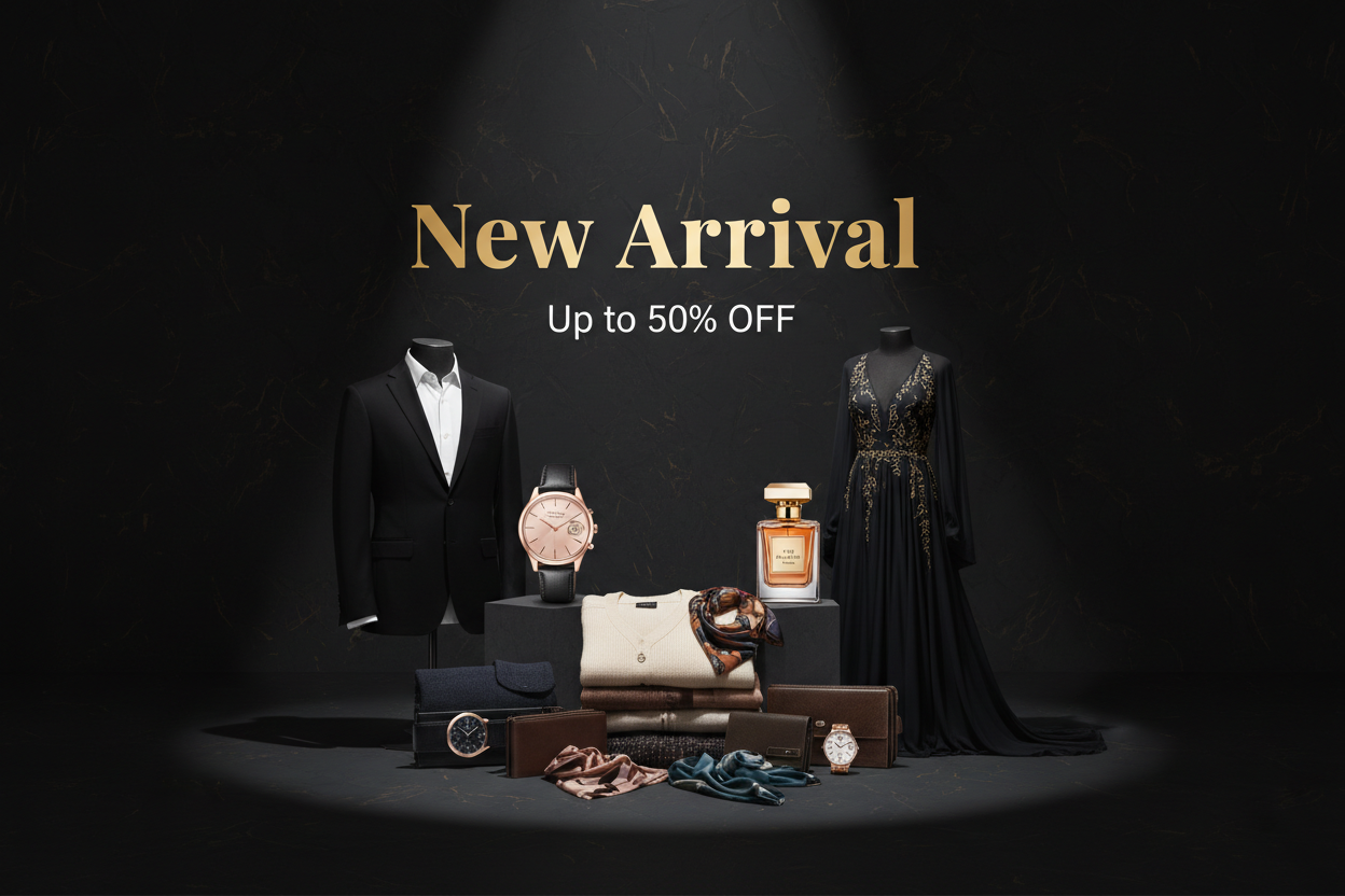 "Professional e-commerce banner, dark luxury background, spotlight effect on products, modern clean layout, text: 'New Arrival' and 'Up to 50% OFF', sleek typography in gold and white, premium fashion items (men and women clothing, watches, perfumes) arranged stylishly, cinematic lighting, depth and shadows, high-resolution, minimalist yet eye-catching, suitable for Shopify store homepage"